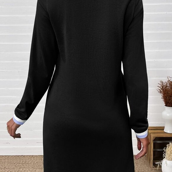 Women's Fall V Neck Long Sleeve Casual T Shirt Dress with Pockets - Picture 4 of 5